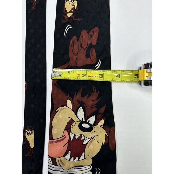 Looney Tunes Men’s Neck Tie Taz Tasmanian Devil Tornado + Tongue Out Silk Black - Picture 7 of 9